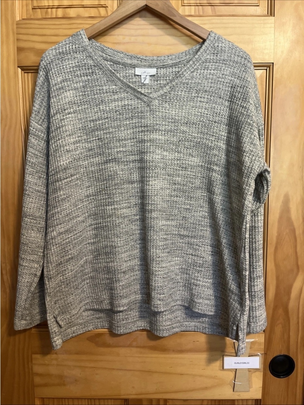 J. Jill Heathered Gray Waffle Knit V-Neck Long Sleeve Sweater M